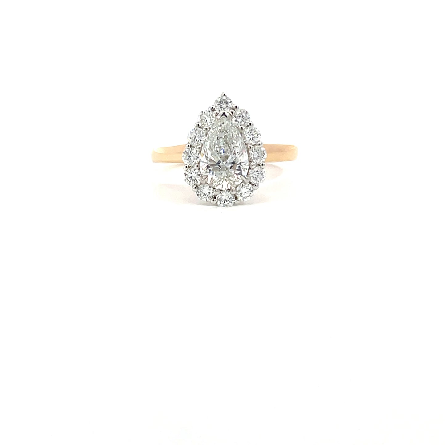 Tiana | 18ct Two Tone Pear Cut Lab Grown Diamond Engagement Ring with Claw-Set Natural Diamond Halo & Rose Gold Cathedral Shoulders