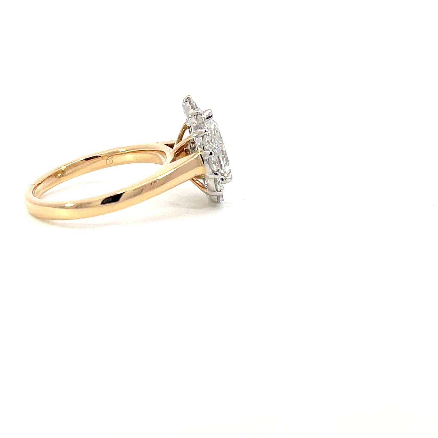 Tiana | 18ct Two Tone Pear Cut Lab Grown Diamond Engagement Ring with Claw-Set Natural Diamond Halo & Rose Gold Cathedral Shoulders