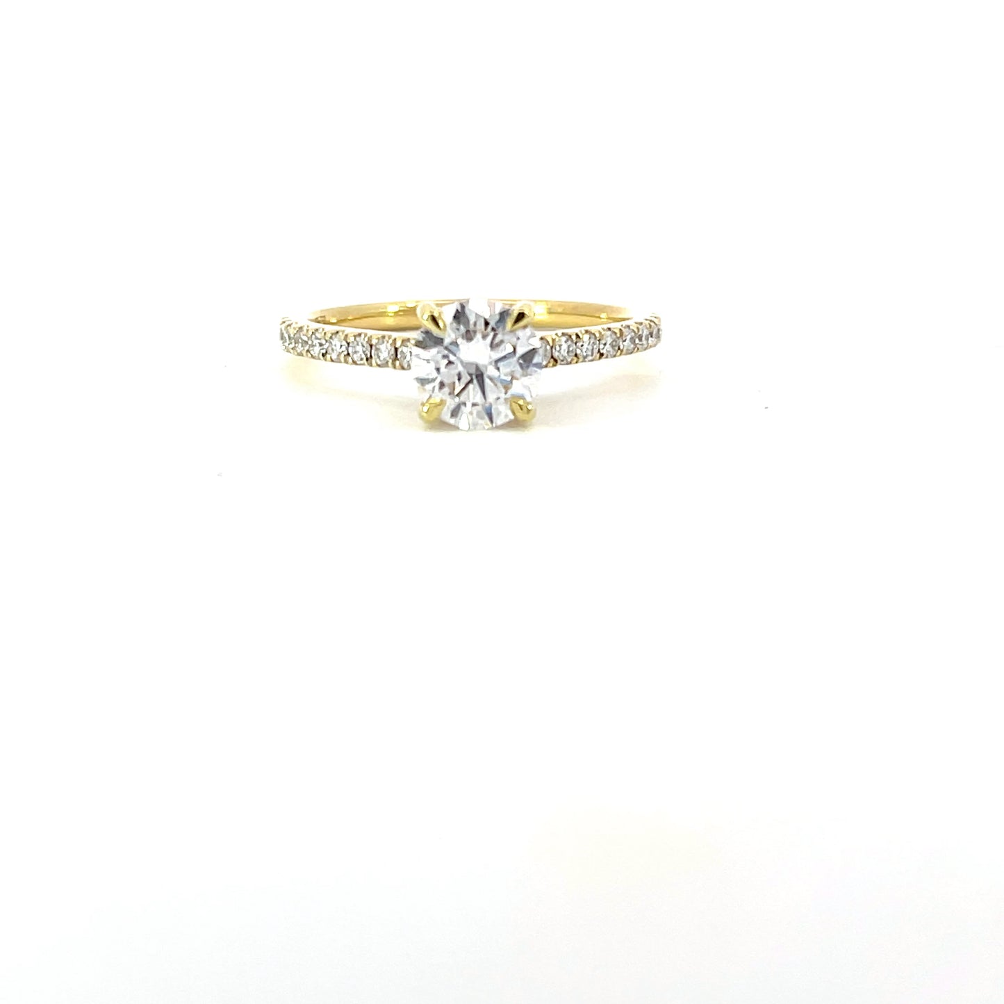 Jasmeen | 18ct yellow gold engagement ring with 0.90ct lab-grown diamond (D/VS), hidden halo, and 0.30ct shoulder diamonds. Timeless, radiant, and sustainably crafted.