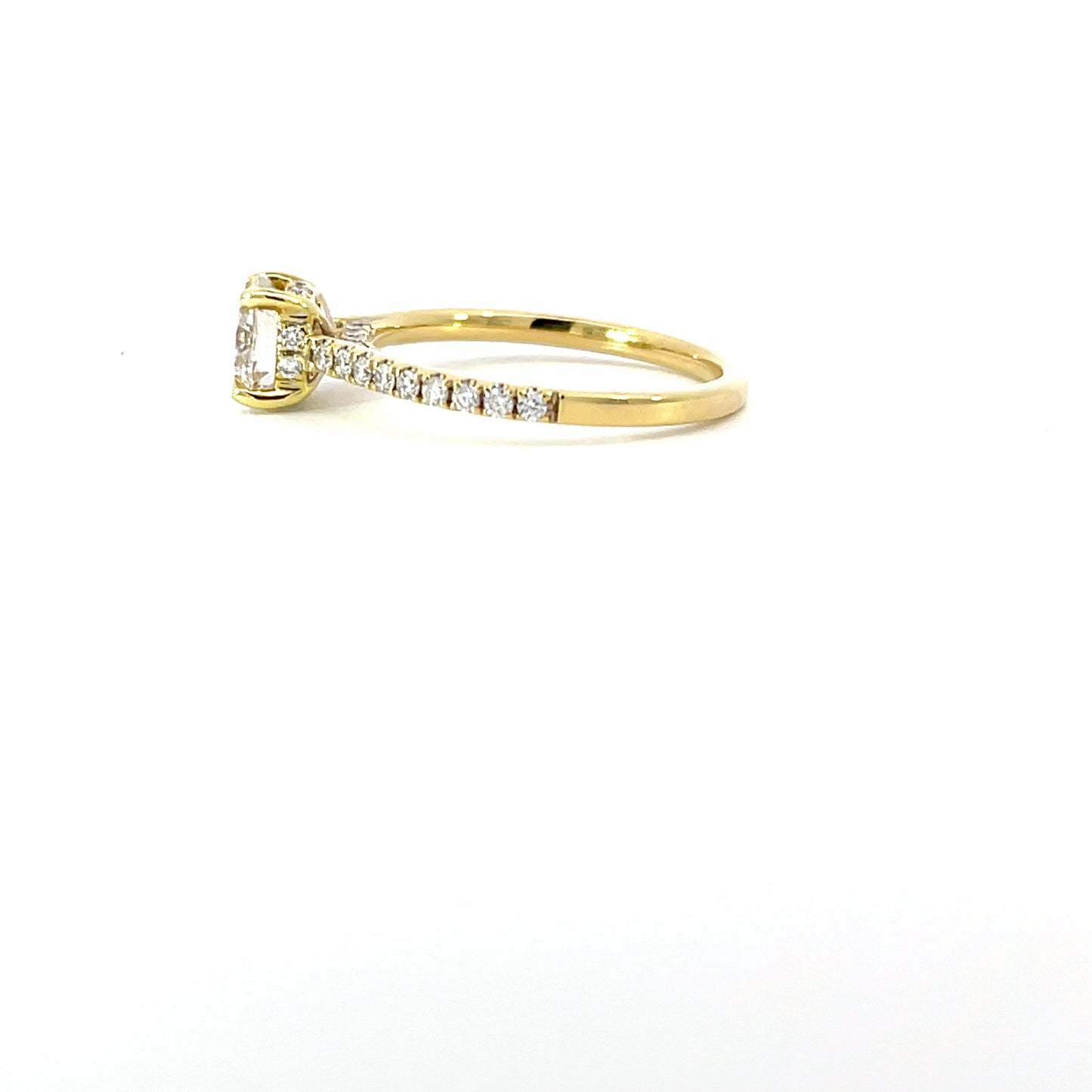 Jasmeen | 18ct yellow gold engagement ring with 0.90ct lab-grown diamond (D/VS), hidden halo, and 0.30ct shoulder diamonds. Timeless, radiant, and sustainably crafted.