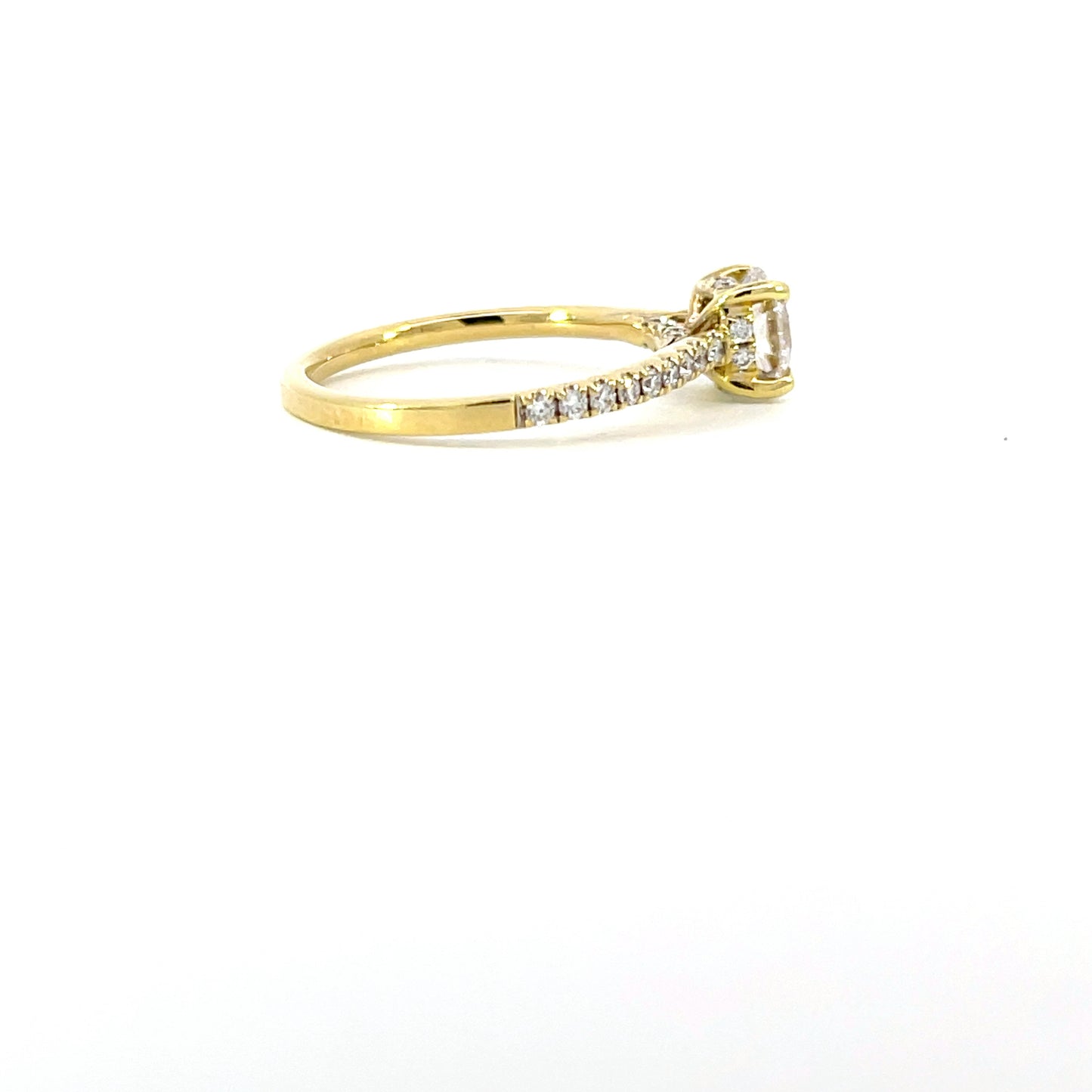 Jasmeen | 18ct yellow gold engagement ring with 0.90ct lab-grown diamond (D/VS), hidden halo, and 0.30ct shoulder diamonds. Timeless, radiant, and sustainably crafted.