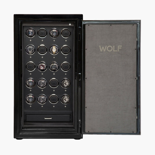 Black watch storage case with 'WOLF' branding on a white background