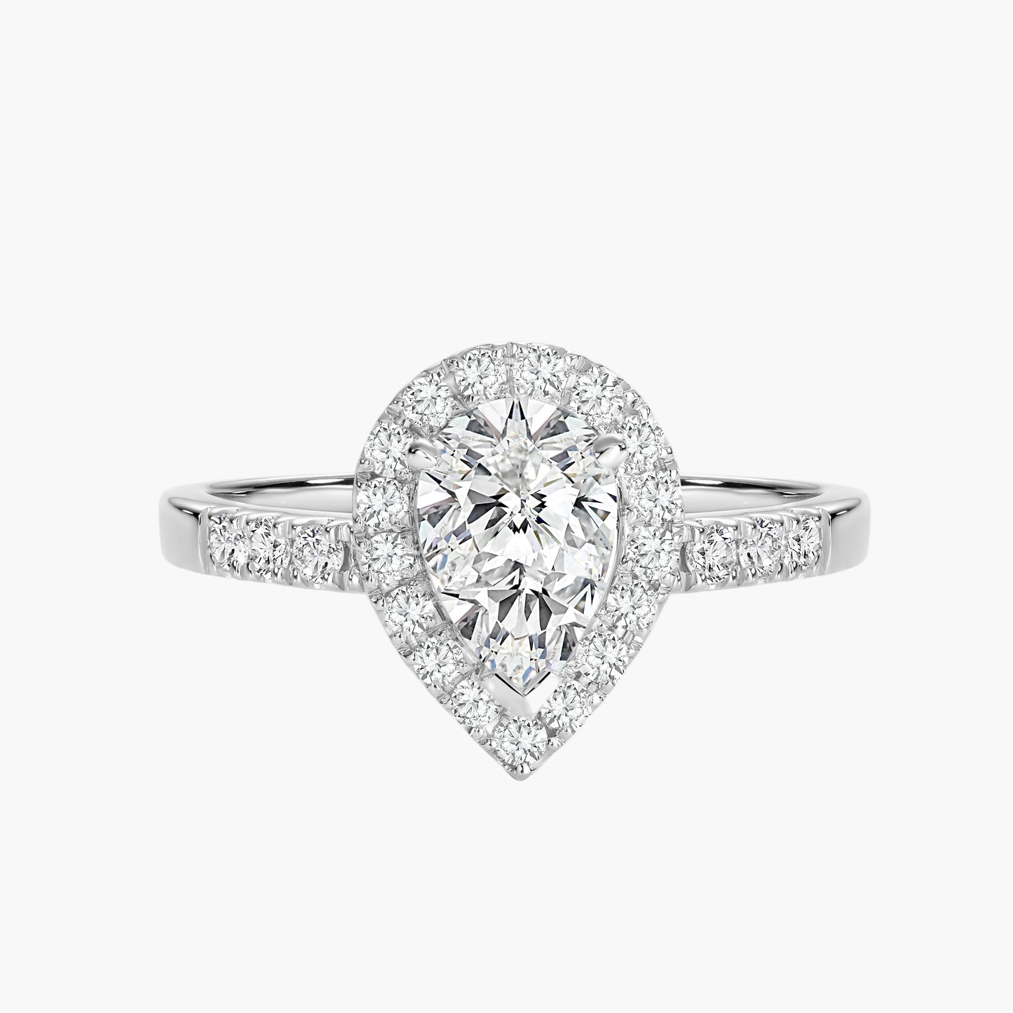 Diamond ring with a pear-shaped center stone on a white background