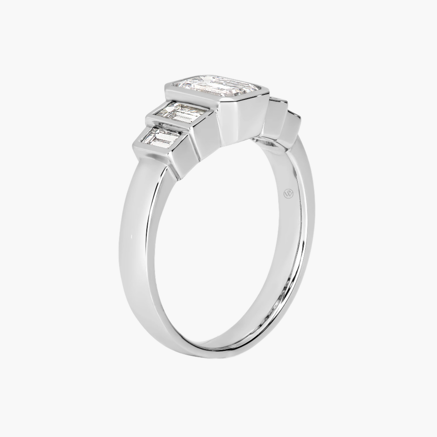 Silver ring with diamond accents on a white background