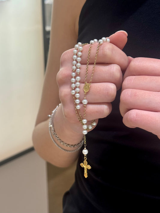 10ct Yellow Gold Pearl and Beaded Rosary Necklace with Crucifix – 70cm + 8.5cm Drop