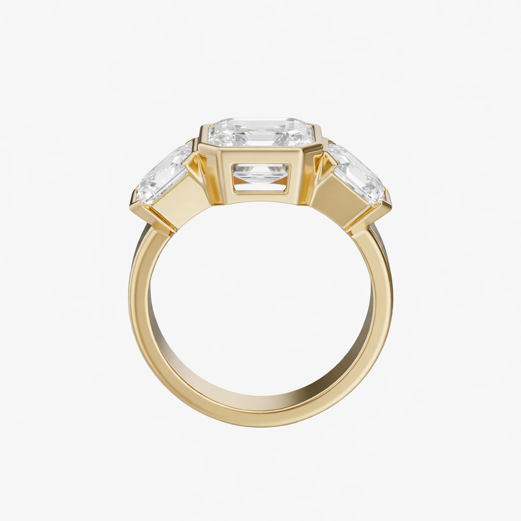 Gold ring with a large diamond and smaller diamonds on a white background