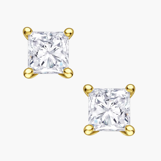 Pair of gold and diamond stud earrings on a white background