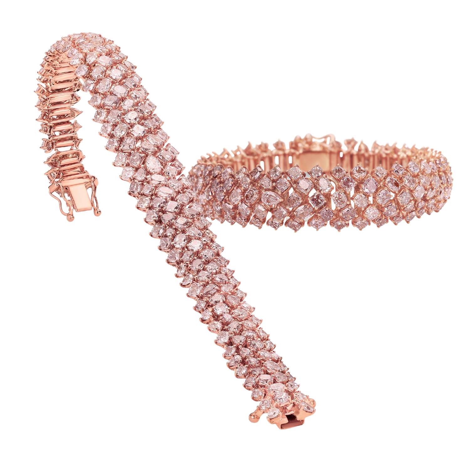 Rose gold bracelet with clear gemstones on a white background