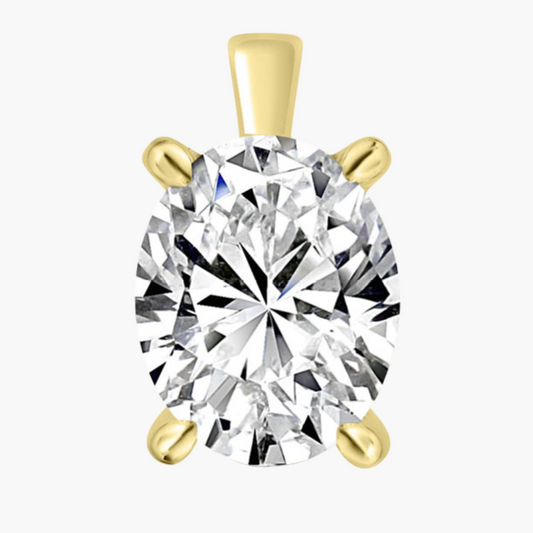 Gold pendant with a large clear gemstone on a white background