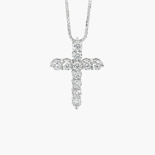 A 9ct white gold diamond cross pendant with lab-grown round brilliant-cut diamonds set throughout its design.