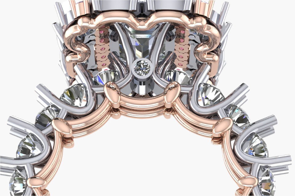 Close-up of a rose gold and silver ring with intricate design and gemstones on a white background