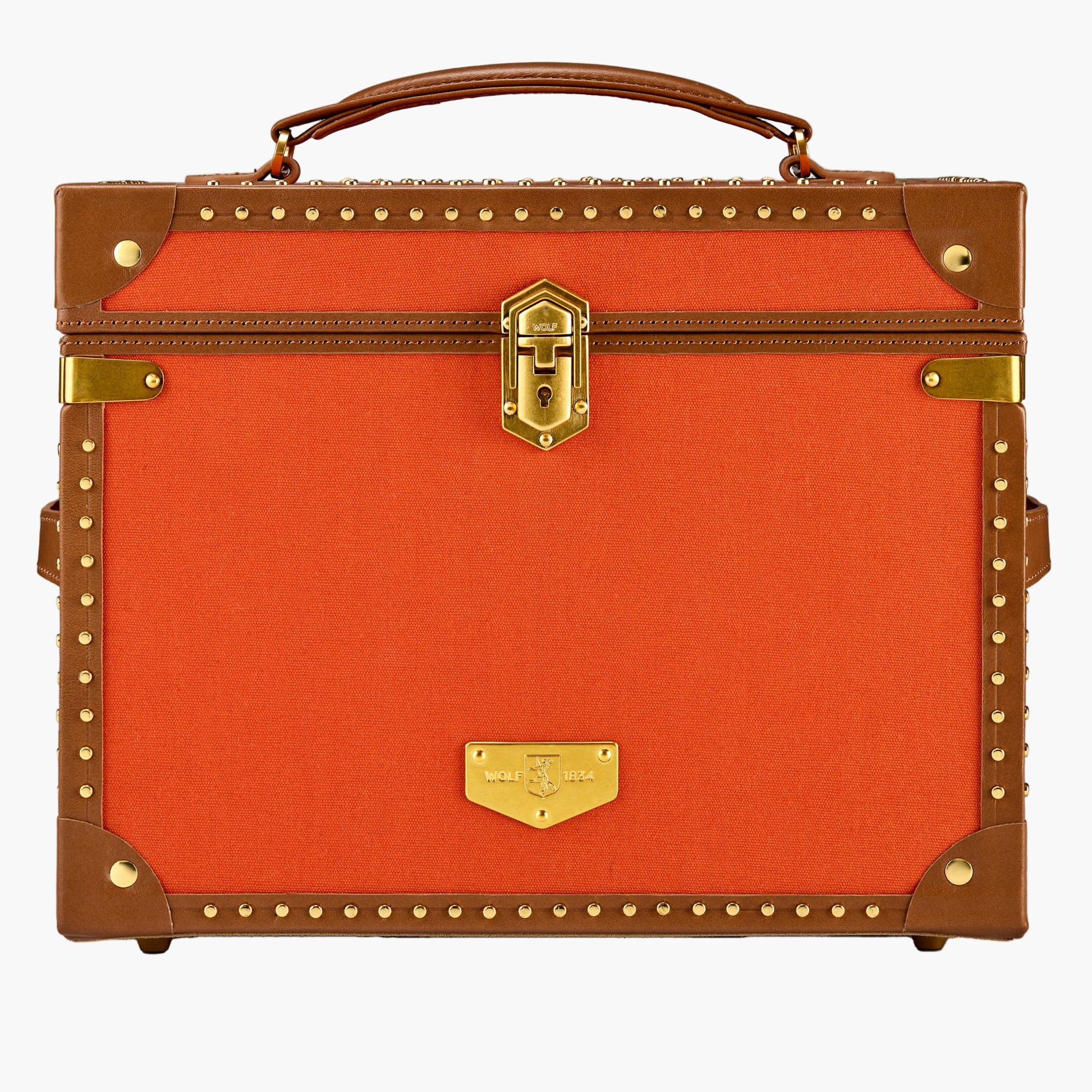 Orange suitcase with brown accents and gold hardware on a white background