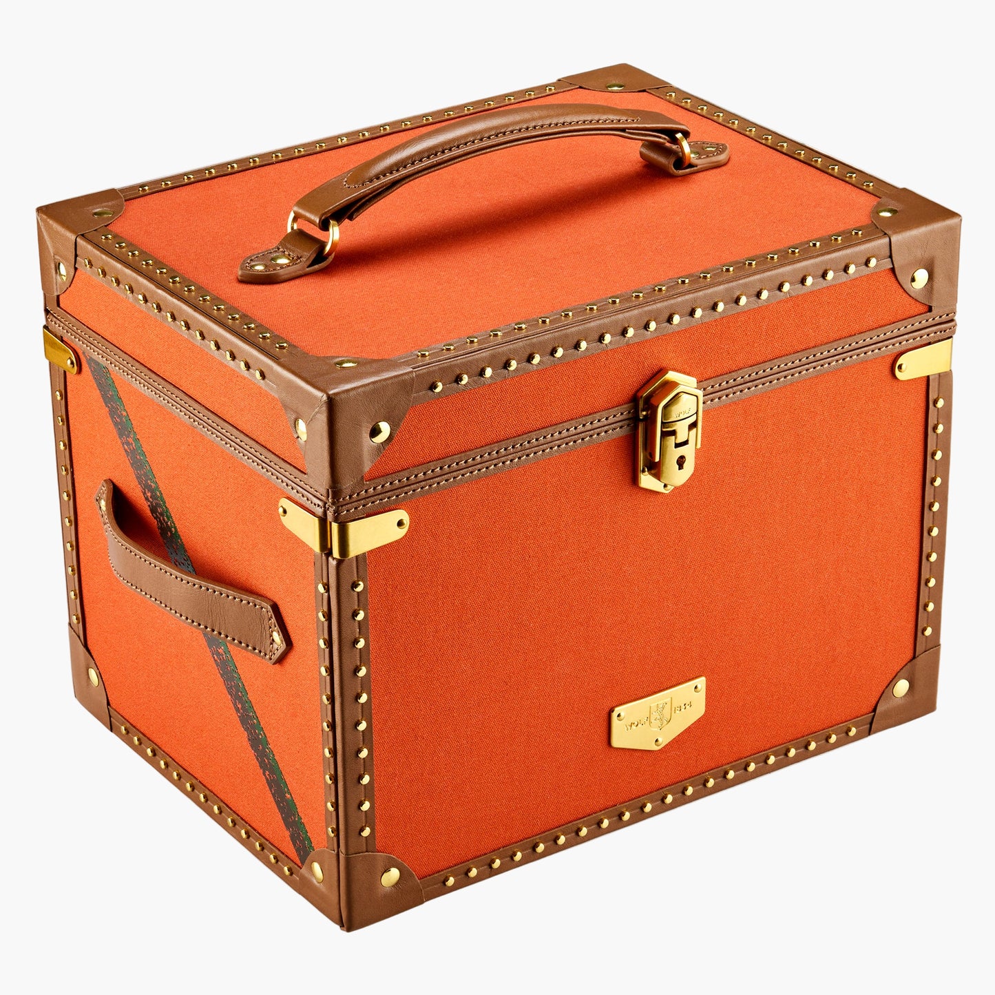 Orange suitcase with gold accents on a white background