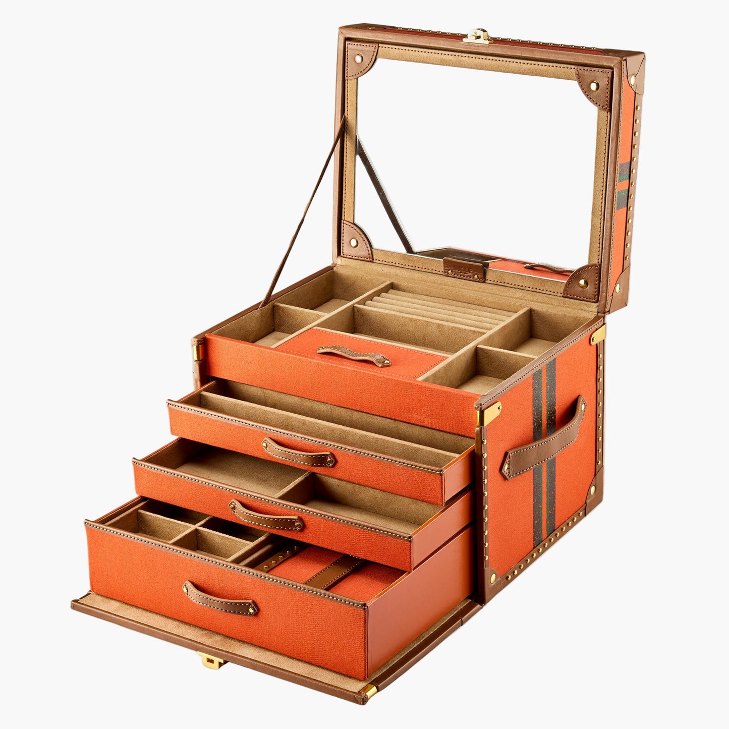 Orange jewelry box with compartments on a white background