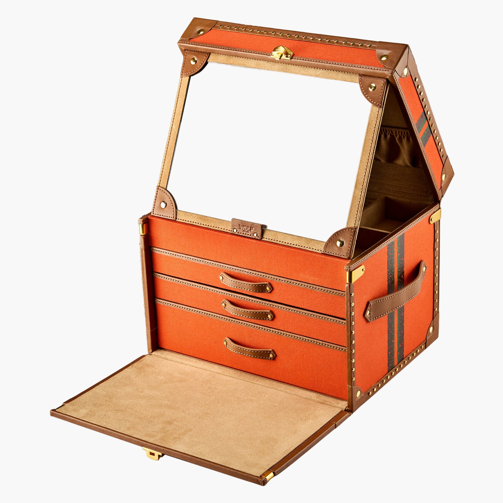 Orange vanity case with gold accents on a white background