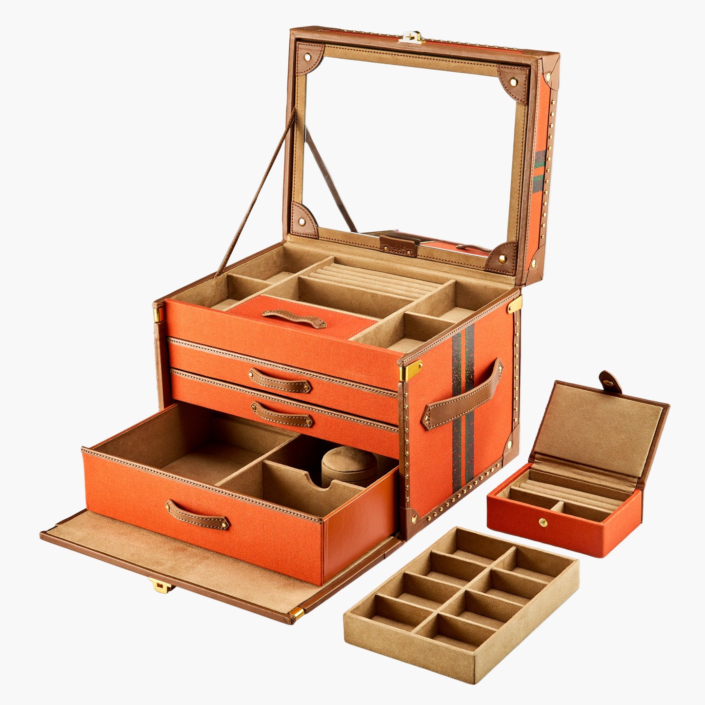 Orange jewelry box with compartments on a white background
