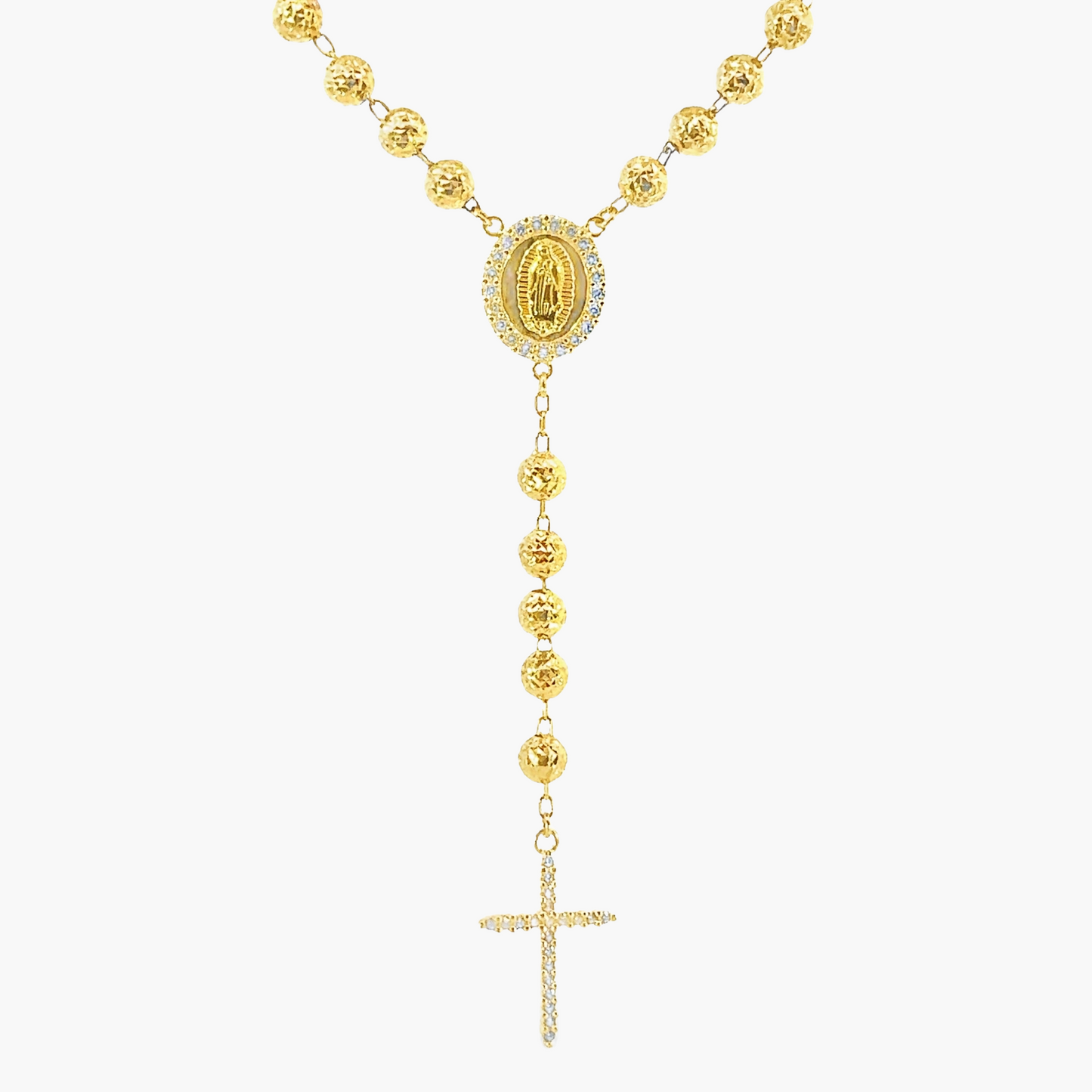 21ct Yellow Gold Rosary Beads with Diamond-Cut Design, Cubic Zirconia Cross & Miraculous Medal | 21.34g