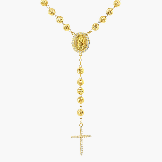 21ct Yellow Gold Rosary Beads with Diamond-Cut Design, Cubic Zirconia Cross & Miraculous Medal | 21.34g