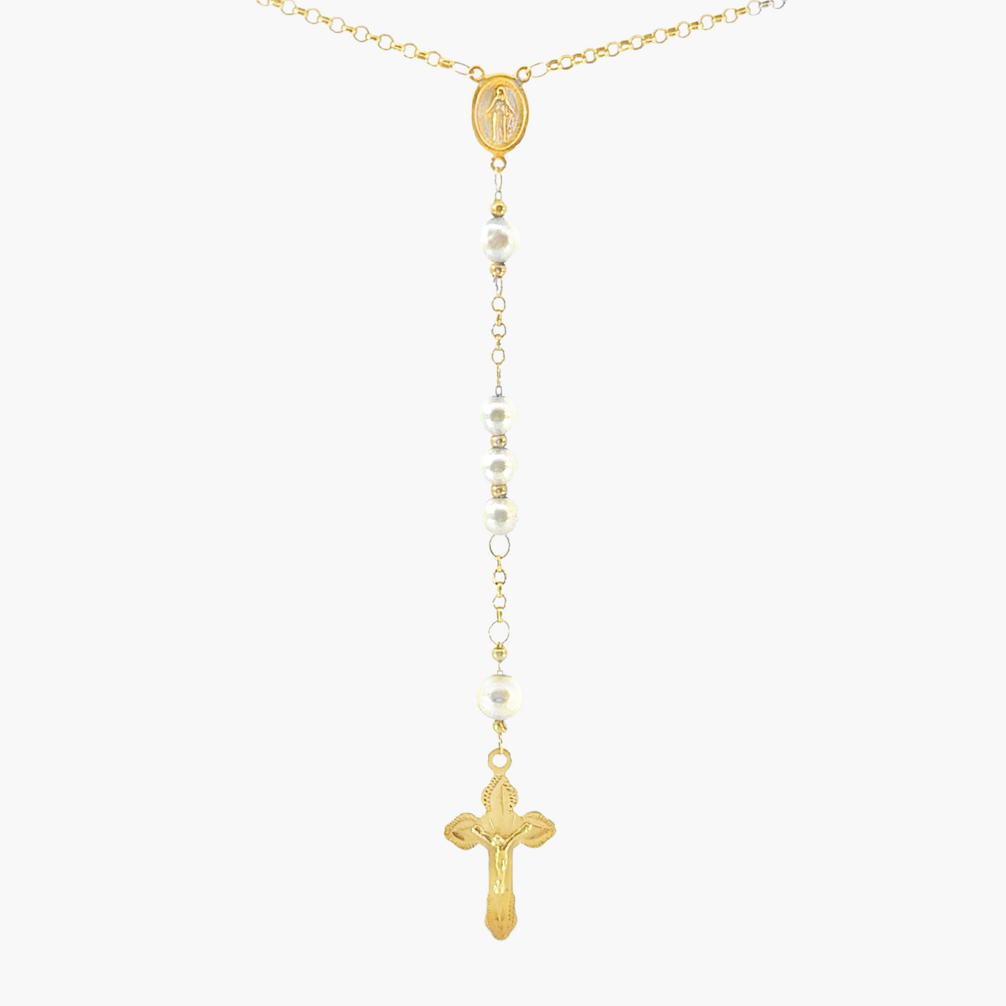 10ct Yellow Gold Pearl and Beaded Rosary Necklace with Crucifix – 70cm + 8.5cm Drop