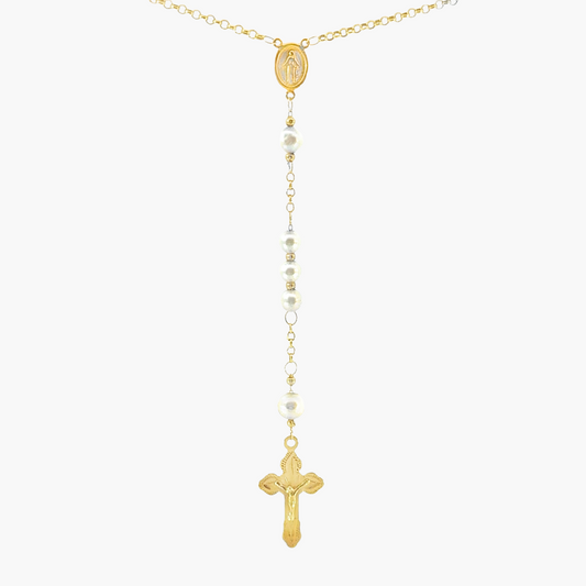 10ct Yellow Gold Pearl and Beaded Rosary Necklace with Crucifix – 70cm + 8.5cm Drop
