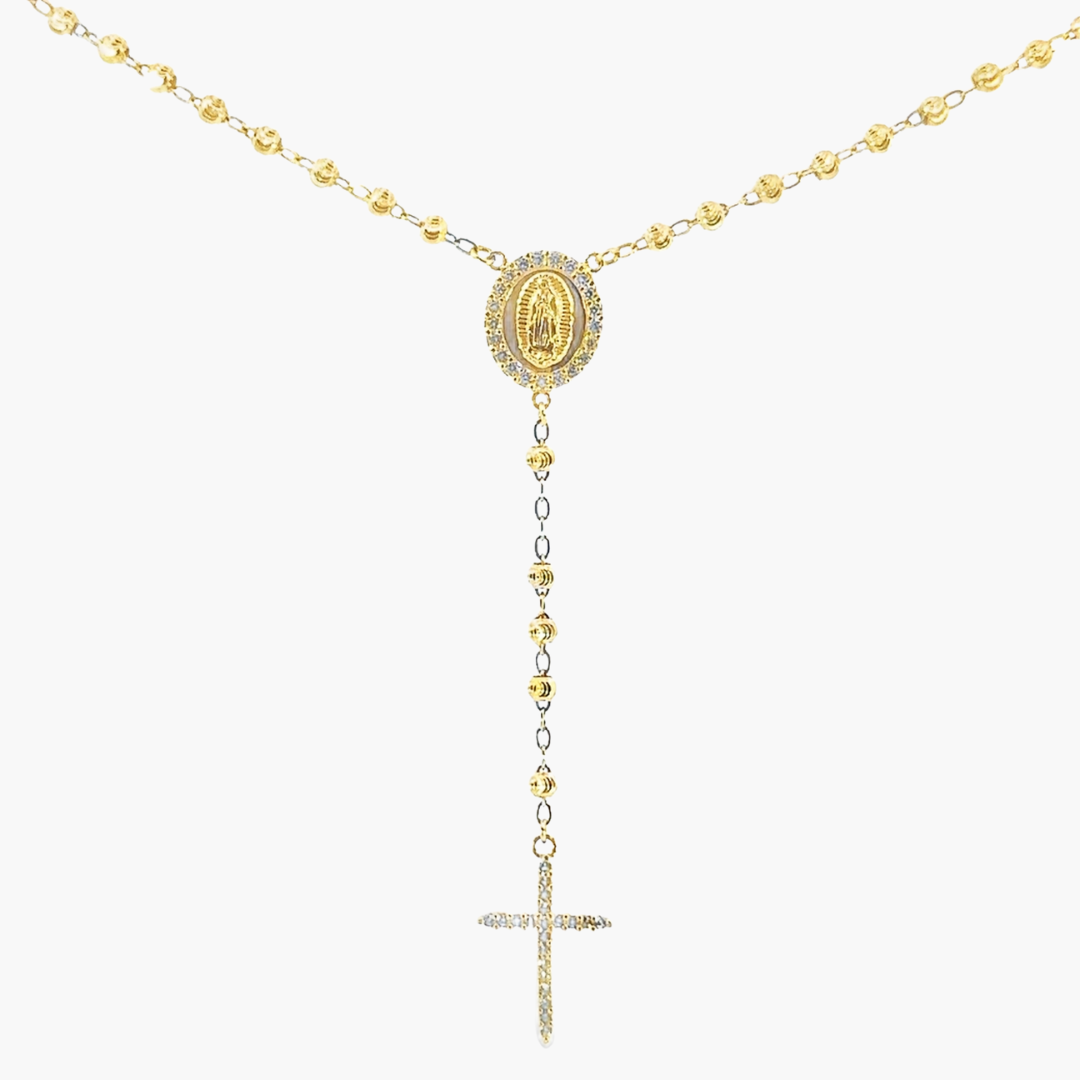 Gold rosary necklace with a central pendant on a white background