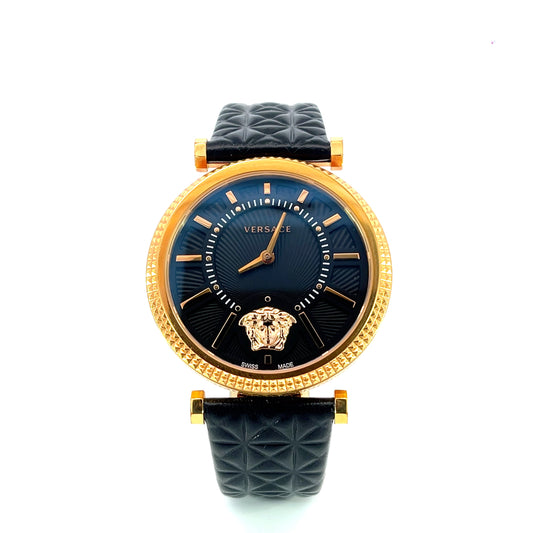 Versace Quartz Watch – Rose Gold & Black Leather 38mm Model: VQG04-0015
