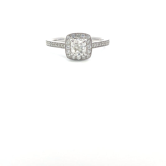 Emma | 18ct White Gold Cushion Cut Natural Diamond GIA Certified Engagement Ring with Bead-Set Halo & Cathedral Shoulders