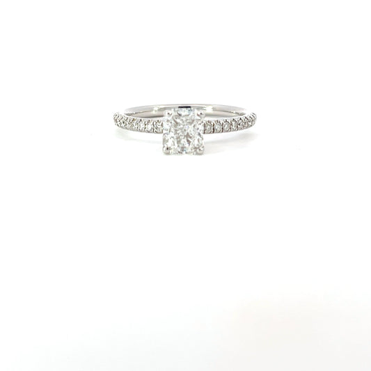 Chantal | Discover this 18ct white gold engagement ring featuring a 0.94ct cushion-cut GIA-certified diamond (D/SI2) with brilliant-cut diamond shoulders. Elegant, timeless, and expertly crafted.
