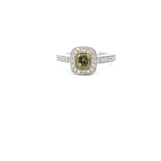 Aleks | 18c White Gold & Yellow Gold Bezel-Set Fancy Yellow Cushion Cut Diamond Engagement Ring