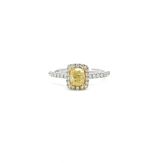 Sylvie | 18ct Yellow & White Gold Fancy Yellow Radiant Cut Diamond Engagement Ring with Halo & Diamond Cathedral Shoulders