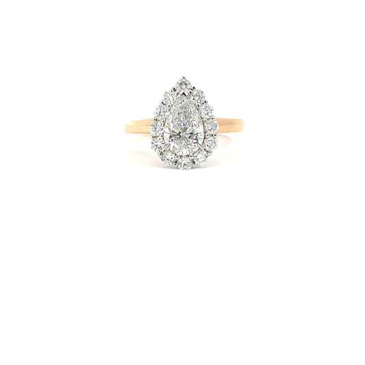 Tiana | 18ct Two Tone Pear Cut Lab Grown Diamond Engagement Ring with Claw-Set Natural Diamond Halo & Rose Gold Cathedral Shoulders