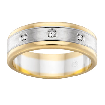 Two-tone gold and silver ring with embedded diamonds on a white background