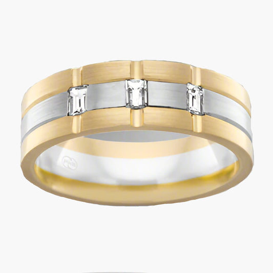 Two-tone gold ring with diamonds on a white background