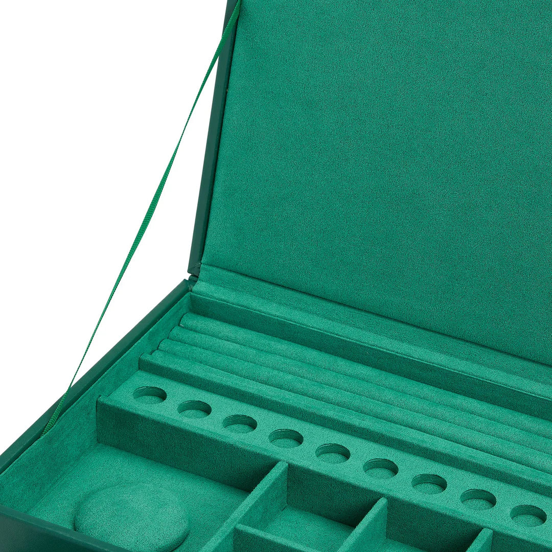 Green jewelry box with compartments on a white background