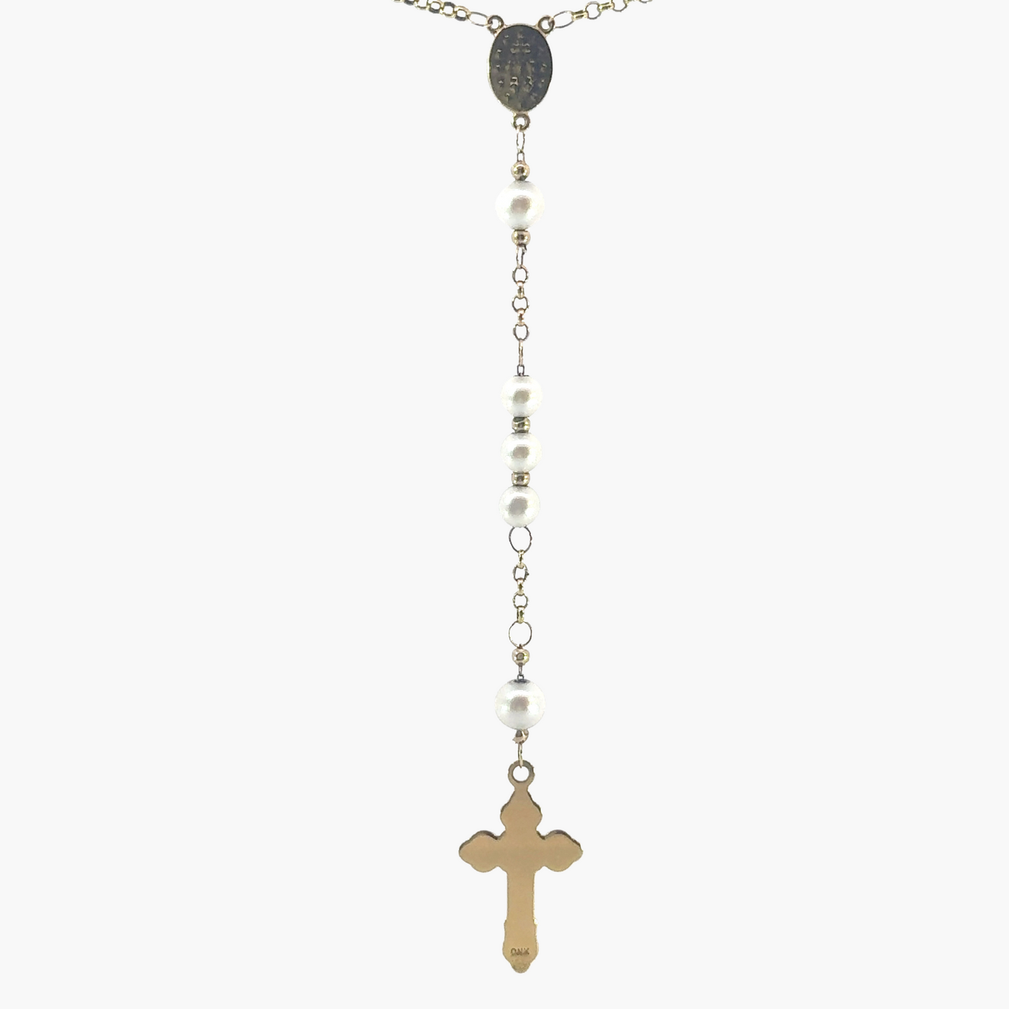 10ct Yellow Gold Pearl and Beaded Rosary Necklace with Crucifix – 70cm + 8.5cm Drop
