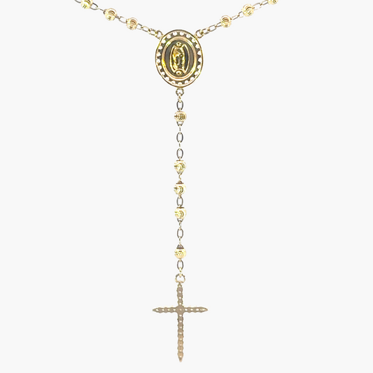 Gold rosary necklace with a cross on a white background