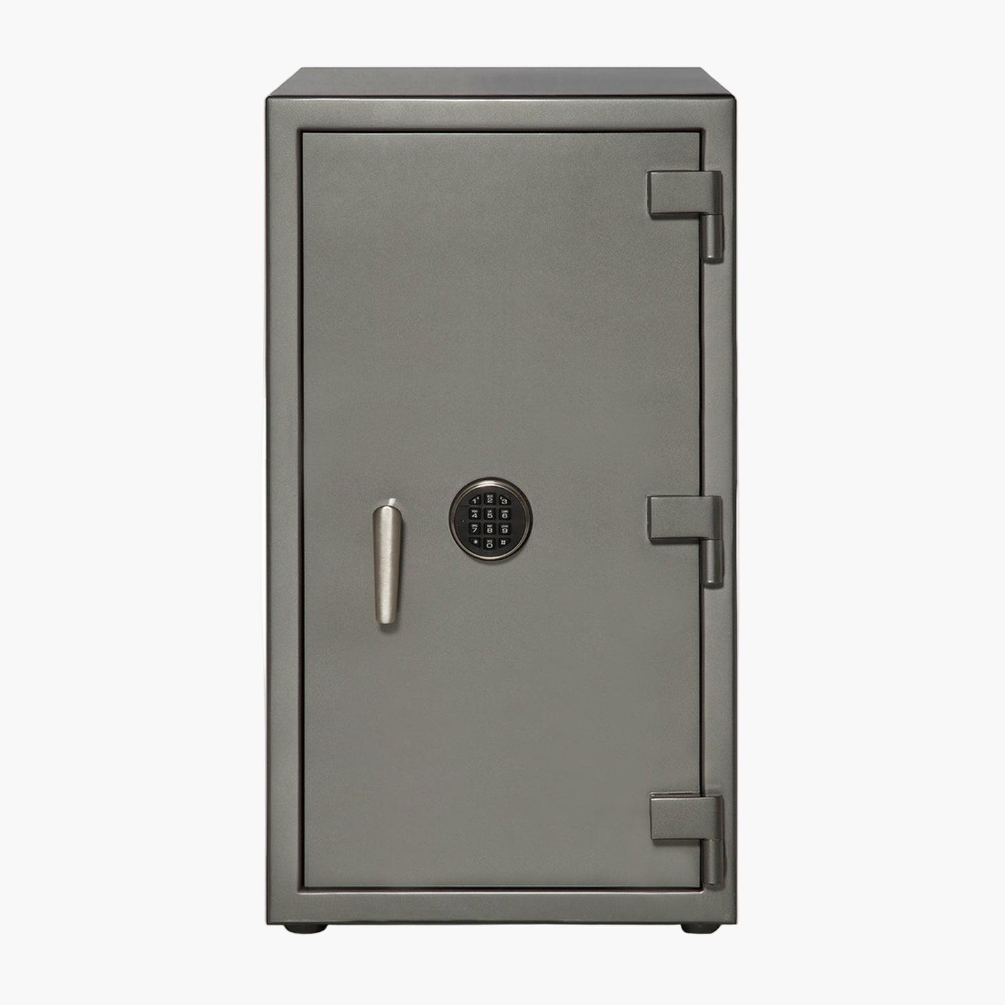 Gray safe with a digital keypad on a white background