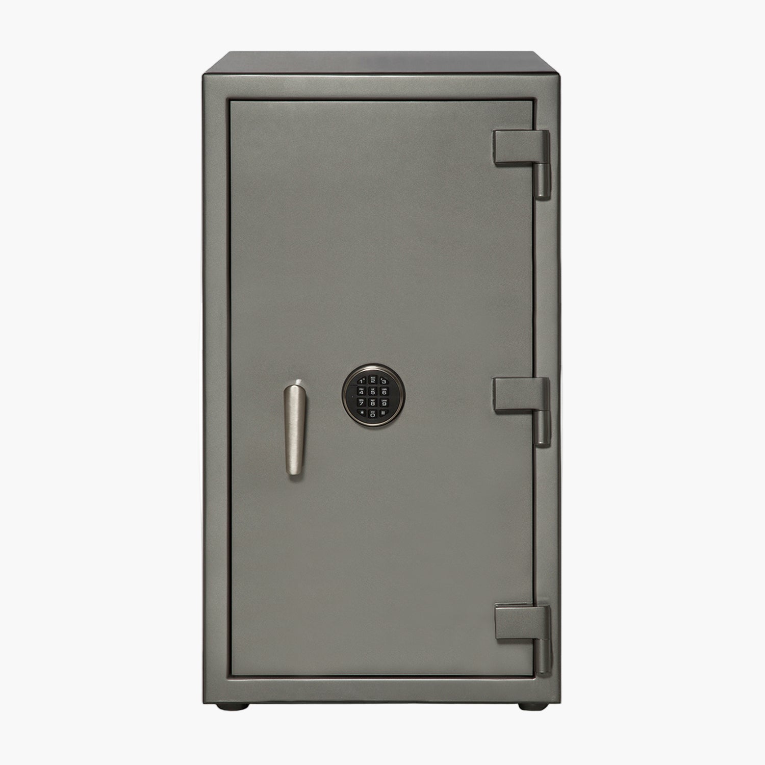 Gray safe with a digital keypad on a white background