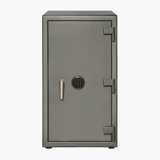 Gray safe with a digital keypad on a white background