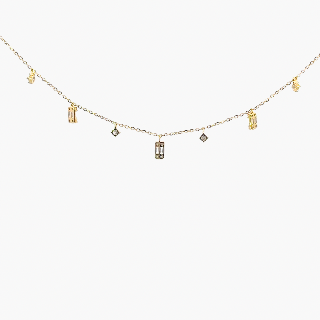 18ct Yellow Gold Diamond Drop Necklace – Baguette & Brilliant Cut, 0.41ct