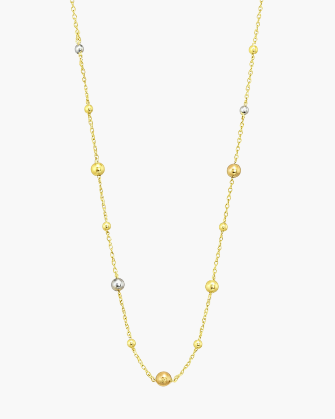 18ct Yellow Gold Tricolour Bead Necklace – White & Rose Gold Beads on Trace Chain