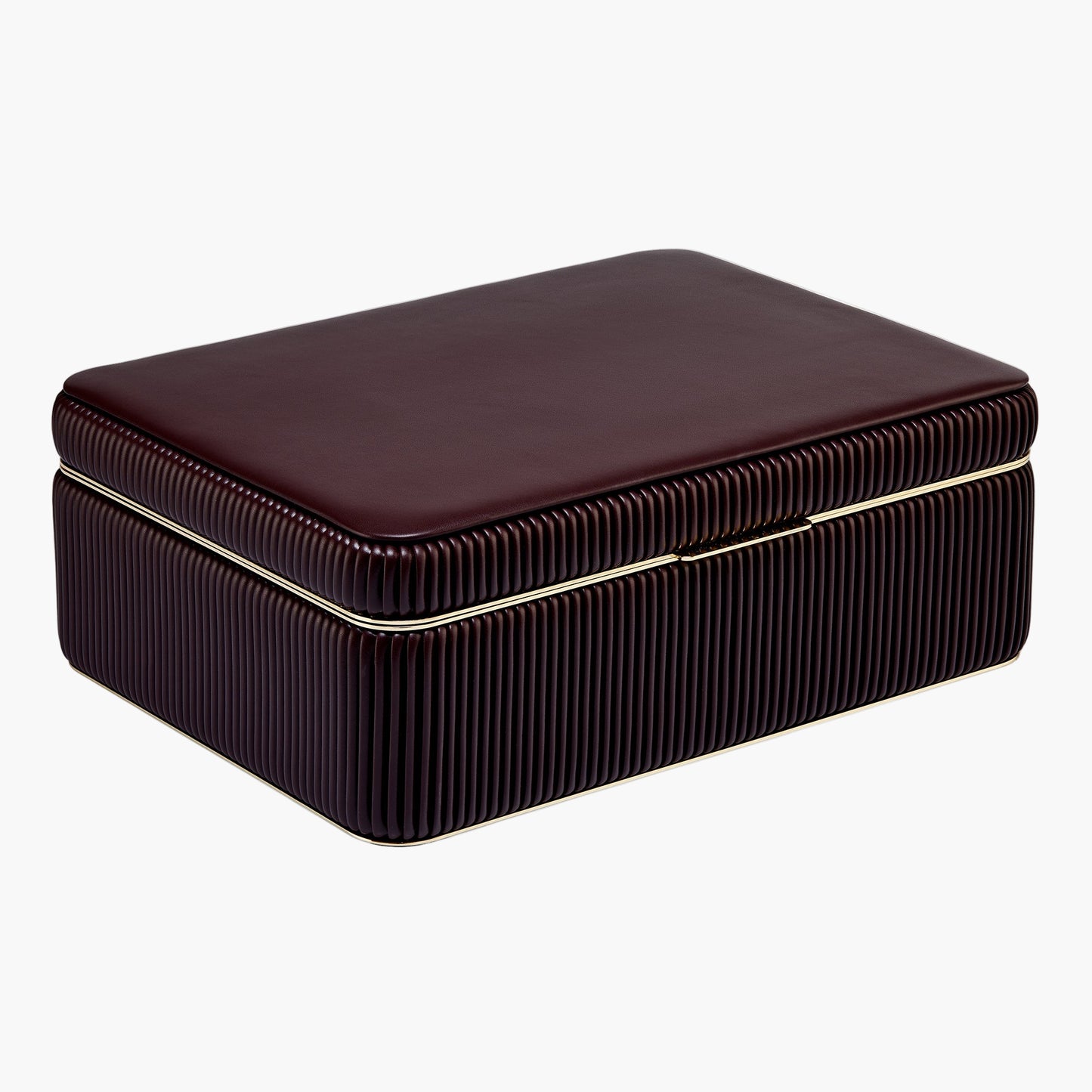 Brown jewelry box with gold trim on a white background