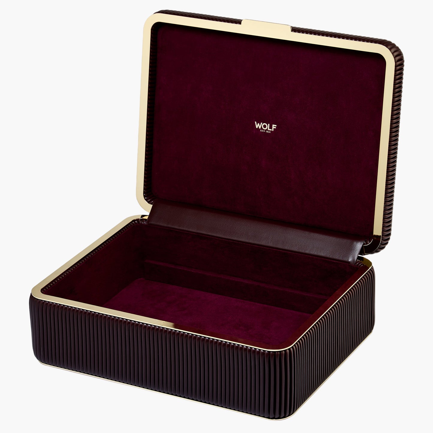 Open jewelry box with burgundy interior and gold trim, featuring the WOLF brand.