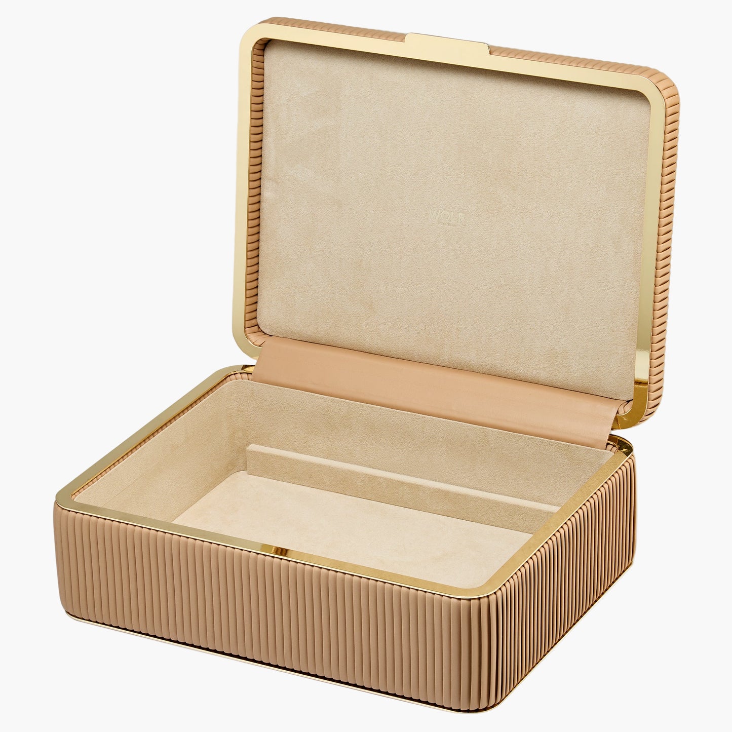 Beige jewelry box with gold trim on a white background