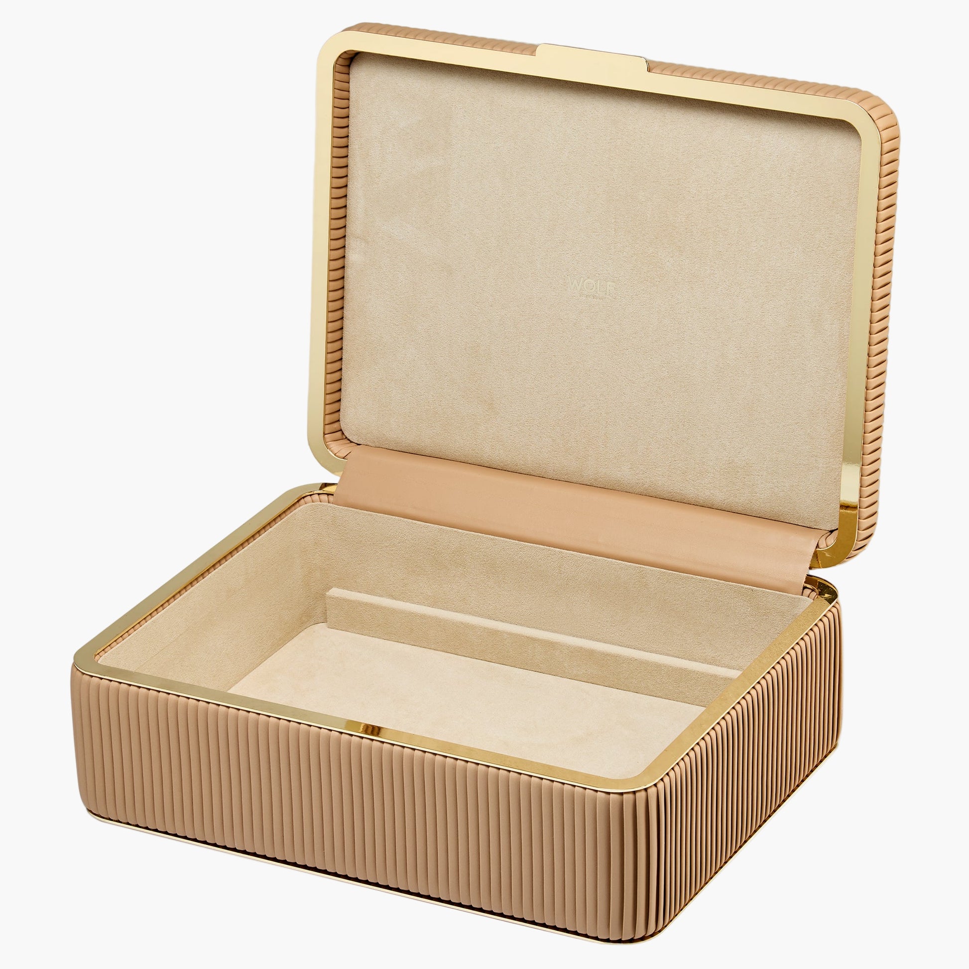 Beige jewelry box with gold trim on a white background