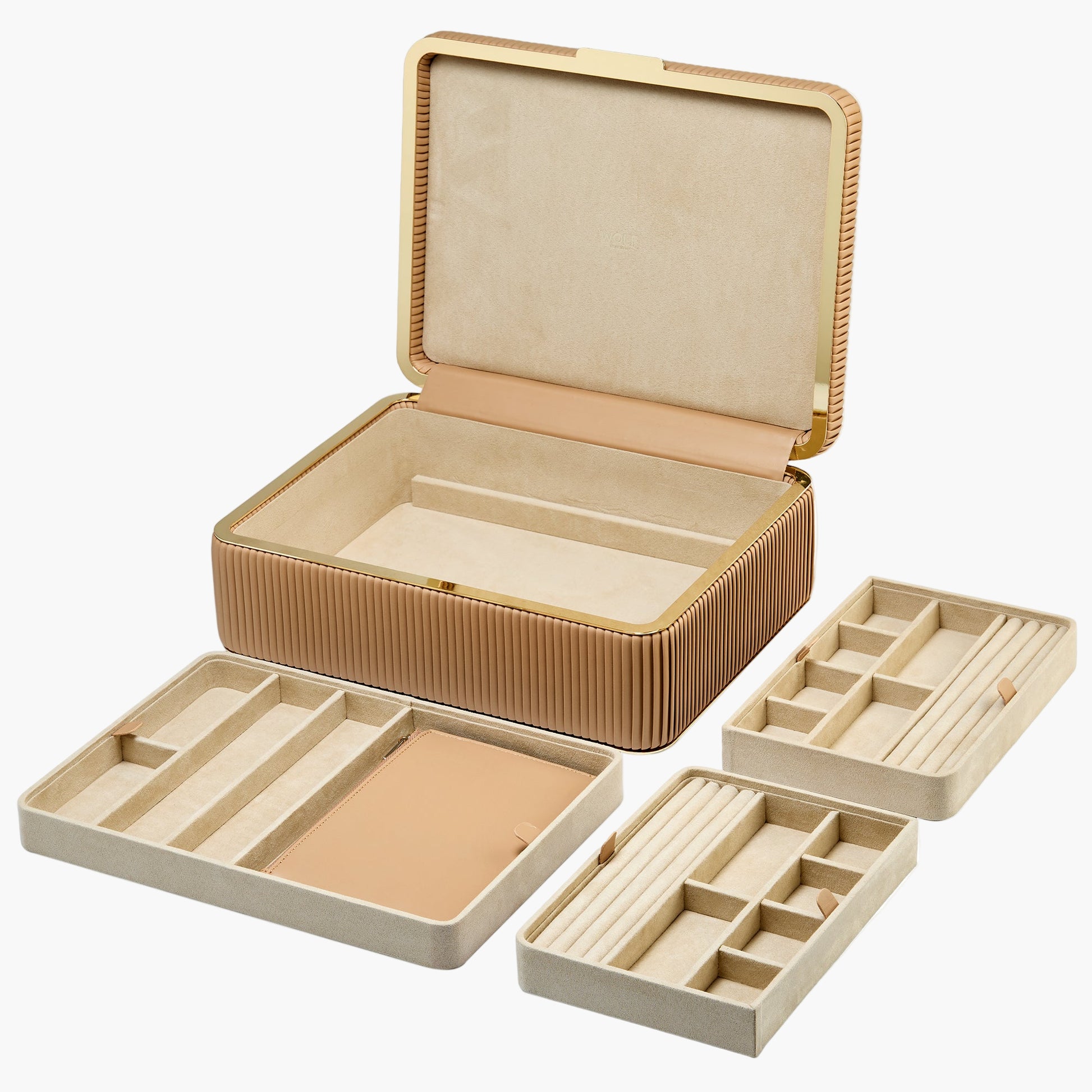 Set of beige jewelry boxes with various compartments on a white background