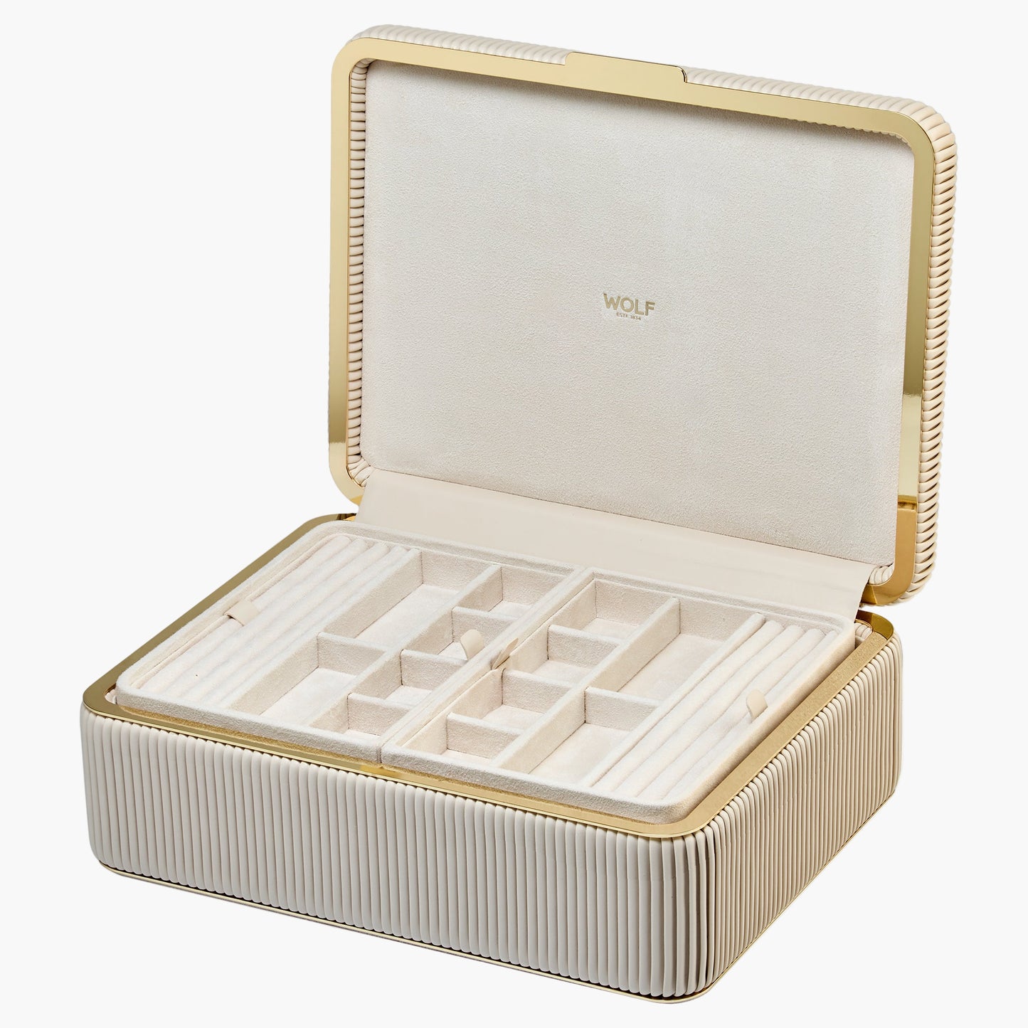 Jewelry box with gold accents and a visible brand logo on a white background