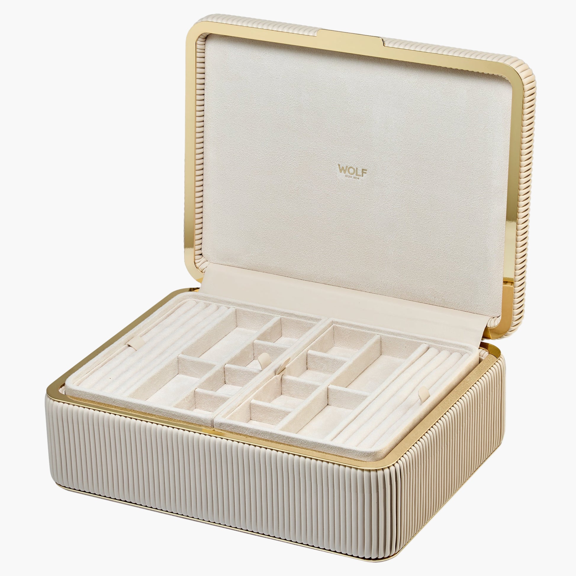 Jewelry box with gold accents and a visible brand logo on a white background