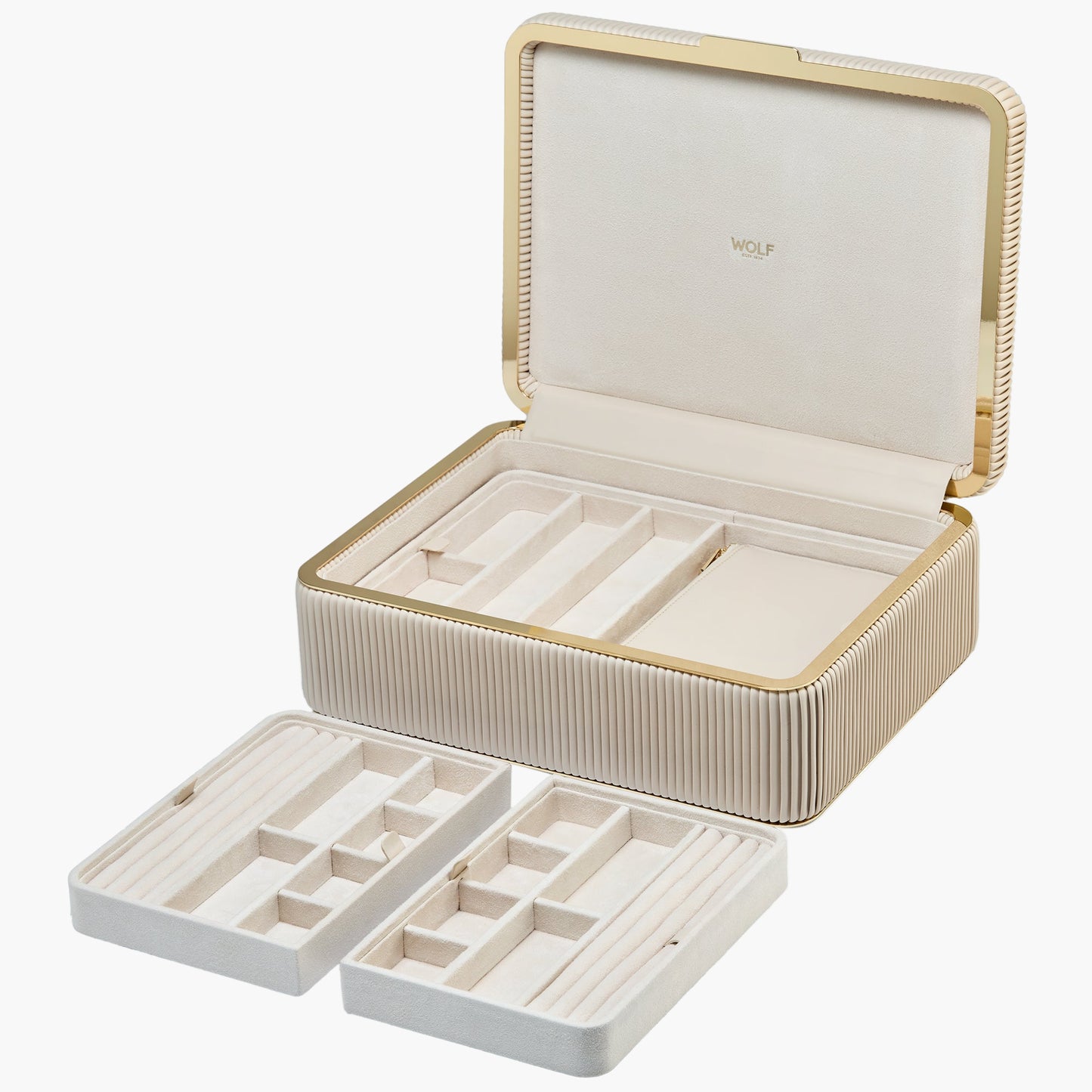 Jewelry box with gold rim and beige interior on a white background