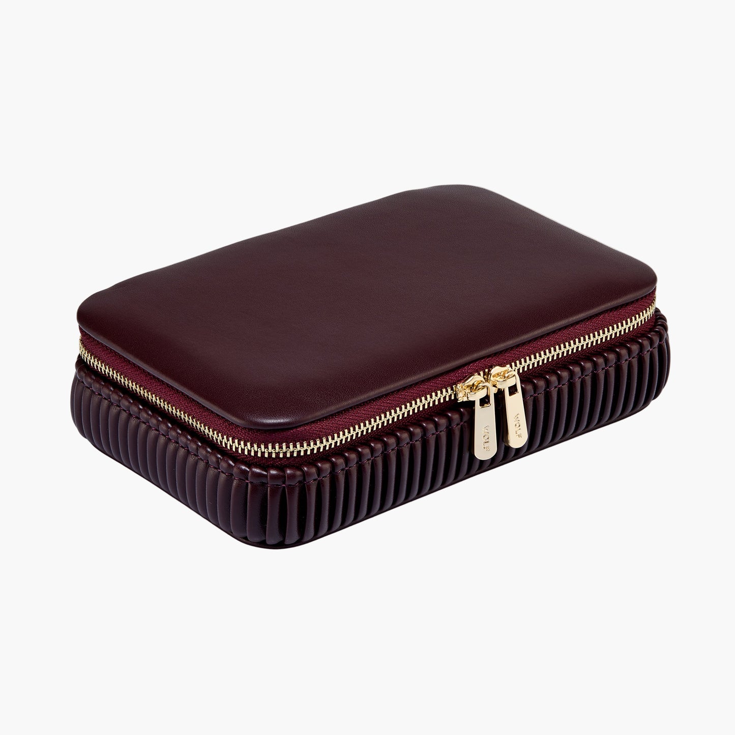 Brown jewelry case with gold zipper on a white background